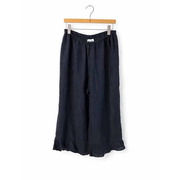 FLAX 100% Linen Wide Leg Crop Pants Bloomers M Navy Ruffle Lagenlook Coastal